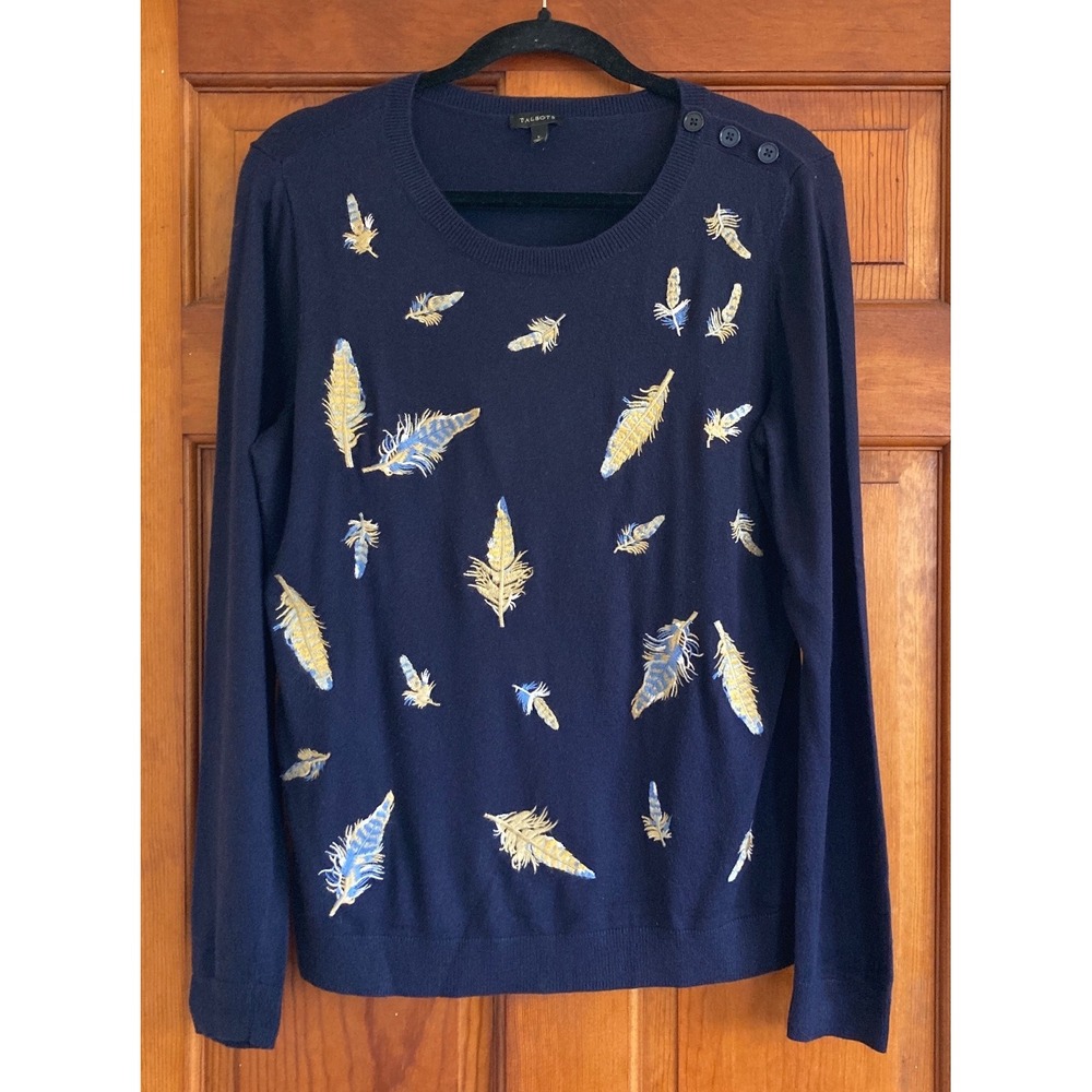 Talbots Womens L Navy Bird Feather Embroidered Pullover Sweater Nature Classic